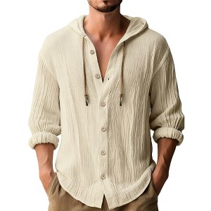 Men's Lightweight Hooded Shirt Casual Button Down Long Sleeve Tunic TOP for Daily Wear - 1 of 4