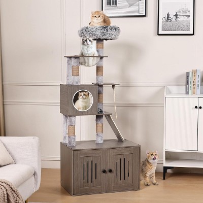 2-in-1 Cat Tower with Multiple Platforms, 66.9in Tall Hidden Washroom Litter Box Enclosure with Cat Tree, Wooden Cat Condo with Scratching Post, Gray