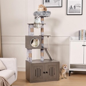 2-in-1 Cat Tower with Multiple Platforms, 66.9in Tall Hidden Washroom Litter Box Enclosure with Cat Tree, Wooden Cat Condo with Scratching Post, Gray - 1 of 4