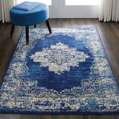 Handmade Navy Blue Medallion Synthetic Rectangular Rug