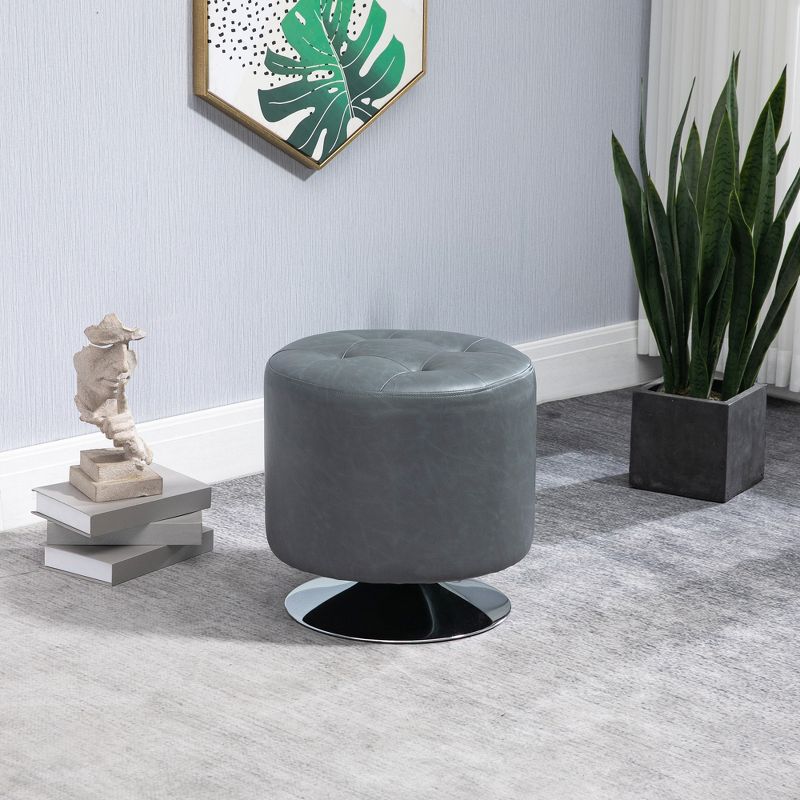 HOMCOM 360° Swivel Foot Stool Round PU Ottoman with Thick Sponge Padding and Solid Steel Base, gray, 3 of 7