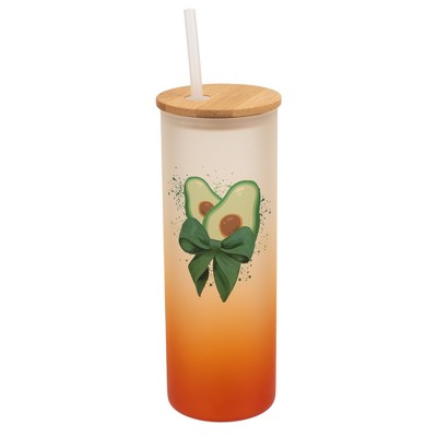 Elanze Designs 25 Ounce Frosted Glass Gradient Travel Tumbler With Straw and Wooden Lid, Avocado Orange