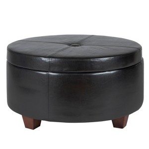 Winston Large Round Button Top Storage Ottoman Faux Leather Black - HomePop - 1 of 4