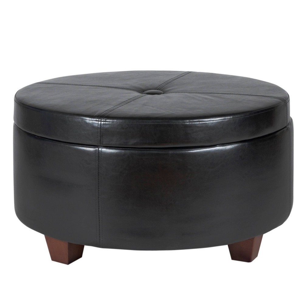 Photos - Pouffe / Bench Winston Large Round Button Top Storage Ottoman Faux Leather Black - HomePo