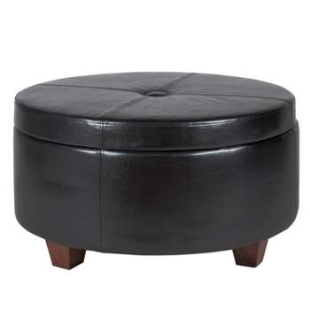Winston Large Round Button Top Storage Ottoman Faux Leather Black - HomePop