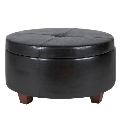 Winston Large Round On Top Storage, Small Black Leather Ottomans