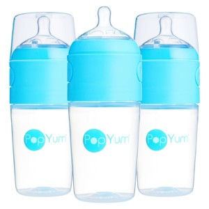 PopYum 9oz Anti-Colic Baby Bottle for for Breast and Formula Feeding, 3-Pack, Blue, #2 Medium Flow Nipples - 1 of 4
