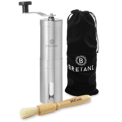 Bretani Manual Coffee Grinder with Brushed Stainless Steel Finish and Built-In Adjustable Grind Settings