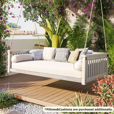 CAVINAS Twin Size Outdoor Swing Bed with Ropes,Wooden Porch Swing for Backyard