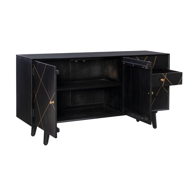 58&#34; Wafford Mid Century Modern Storage Console Solid Wood Gold Trim 3 Doors Black - Powell, 4 of 16