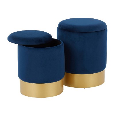 Blue Velvet and Gold Round Nesting Ottomans Set of 2