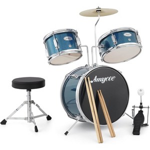 3 Piece Kids Drum Set With Cymbal-2 Drumsticks-Pedal-2 Toms-Throne Stool-Musical Instruments For Boys And Girls-Black - 1 of 4