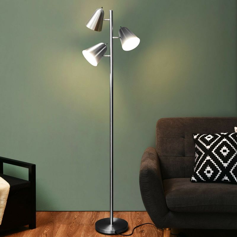 Tangkula 64" Mid Century Modern Floor Lamp 3 Light Tree, Standing Tall Pole Lamp w/ 3 LED Bulbs & Adjustable Heads (Nickel), 2 of 11