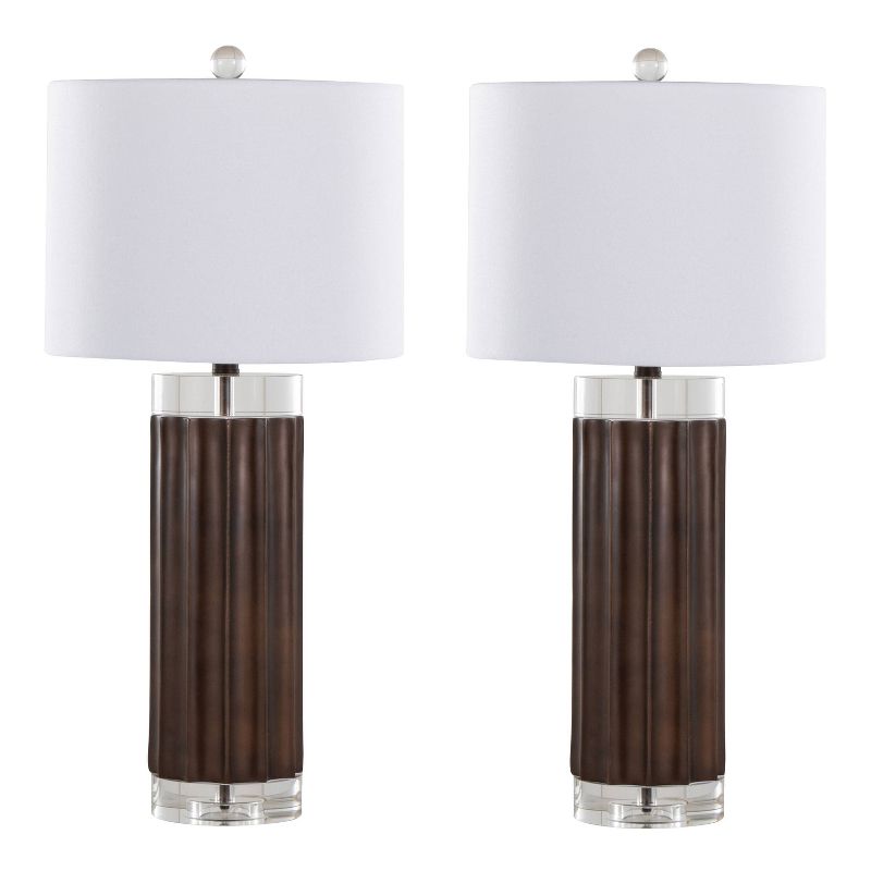 LumiSource (Set of 2) Cylinder Fluted 29.25&#34; Contemporary Accent Lamps Brown Polyresin Clear Crystal and White Shade from Grandview Gallery, 1 of 8