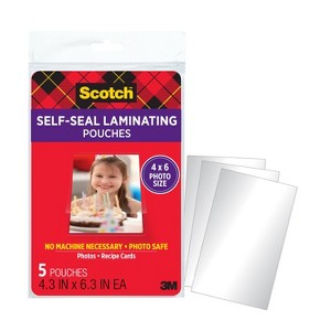 5Ct Scotch Self Seal 4X6 Photo Sz: Laminating Film Pouches, 6.3" x 4.3", Laminating Supplies, 5 Pack - 1 of 4