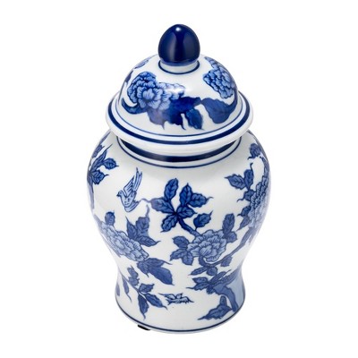8" White and Blue Ceramic Temple Jar with Lid
