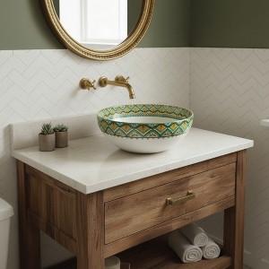 16" Round Artistic Ceramic Vessel Sink – Glossy Above-Counter Basin with Hand-Inspired Printed Pattern - 1 of 4