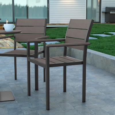 Gray Faux Teak Poly Slat Outdoor Dining Chair with Black Metal Frame