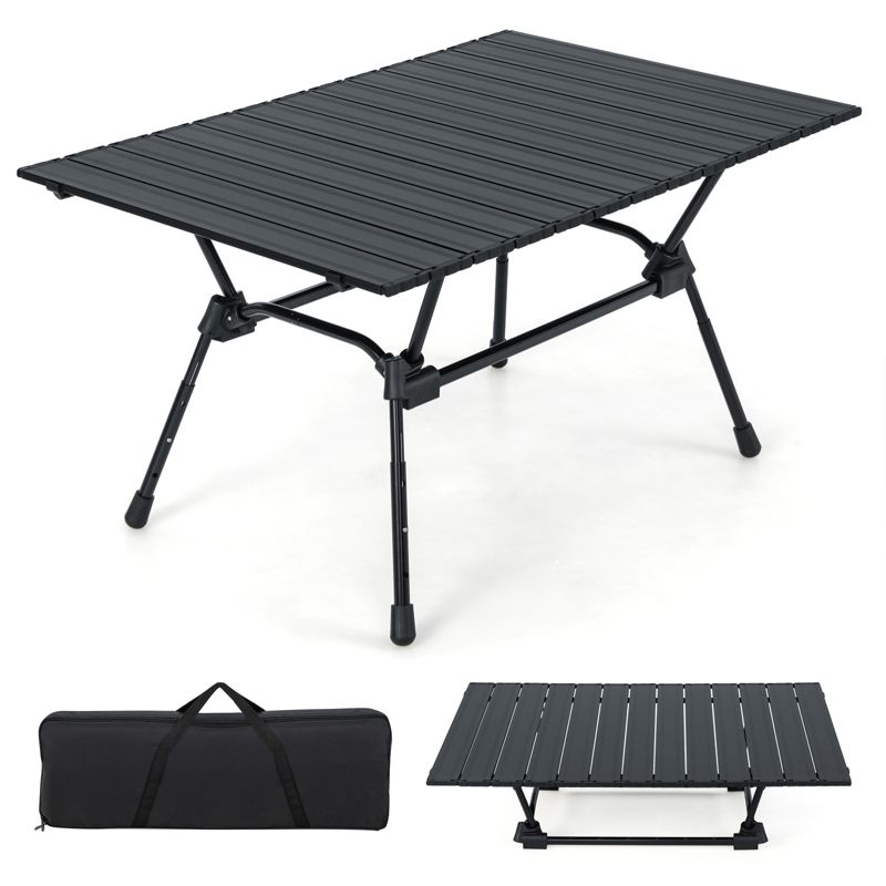 Tangkula Folding Camping Table Collapsible Aluminum Roll Up Beach Table with Carrying Bag 4-Level Adjustable Height Dark/Silver, 1 of 8