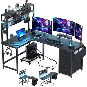 94.5" L-Shaped Gaming Desk with Pegboard, Drawers, Power Outlet, LED Lights, Monitor & CPU Stands in Black Carbon Fiber. - 1 of 4