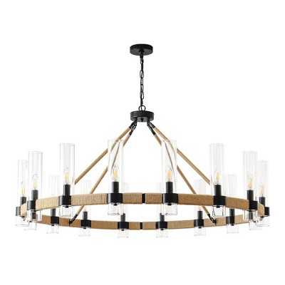 PAKOKULA Farmhouse 16 light Black Wagon Wheel Rustic Chandelier with Clear Glass Shade & Rattan Accents for Dinning Room
