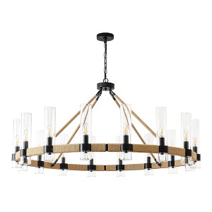 PAKOKULA Farmhouse 16 light Black Wagon Wheel Rustic Chandelier with Clear Glass Shade & Rattan Accents for Dinning Room - 1 of 4
