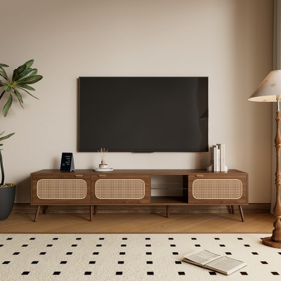 78" Mid-Century Modern TV Stand with Rattan Doors and Glass Open Shelf for 85 Inch TV,Entertainment Center for Living Room-Baofuwish