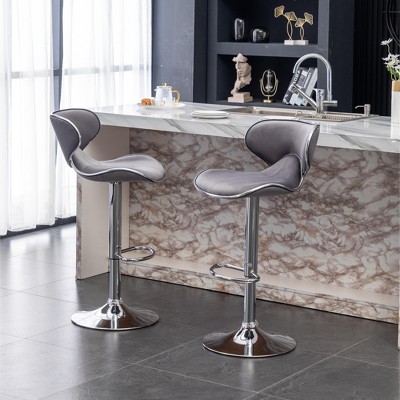 Velvet Counter Height Swivel Barstool Set of 2, Adjustable Bar Stools for Kitchen, Pub, Dining Room, Gray