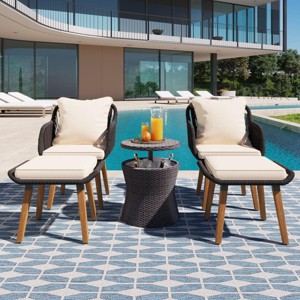 Modern Outdoor Conversation Set with Black Woven Rope Chairs, Pop-Up Ice Bucket Table & Ottomans for Balcony or Backyard -3irtyhousy - 1 of 4