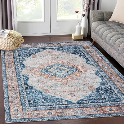 Vintage Area Rugs Washable Living Room Rug Oriental Medallion Floor Cover Non-Slip Low Pile Distressed Carpet Ultra-Thin Throw Rugs
