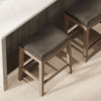 Reclaimed Oak Saddle Counter Stool with Gray Vegan Leather