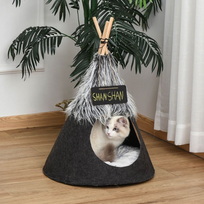 PawHut Pet Tent Cat Bed Dog House with Thick Cushion Chalkboard for Kitten and Puppy up to 13lbs 28inch gray, 3 of 9