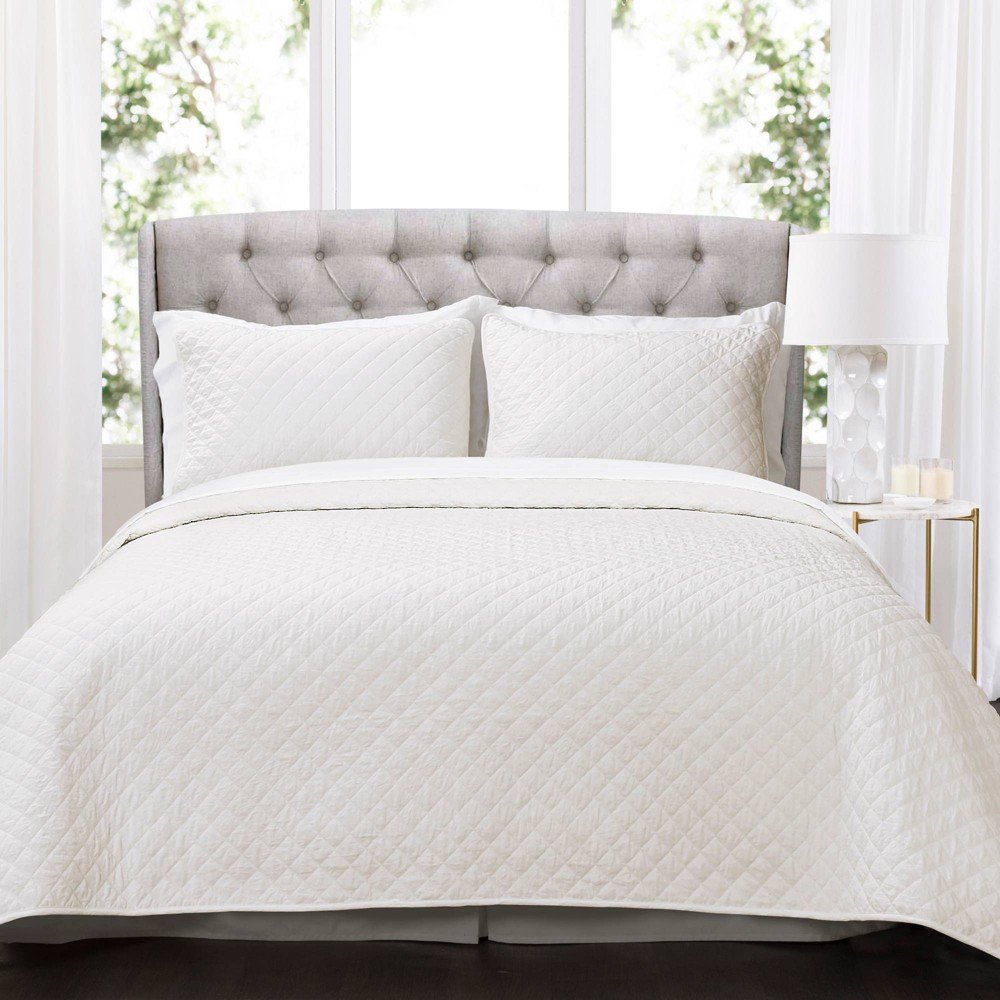 Photos - Duvet 3pc Full/Queen Ava Diamond Oversized Cotton Quilt Set Off-White - Lush Déc