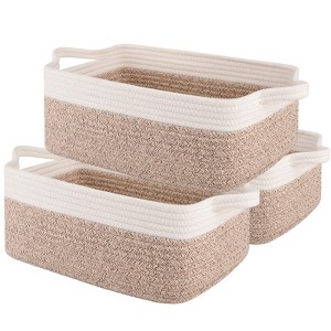 Aoibox 3 Pack Woven Cotton Rope Storage Baskets with Handles Brown White Rectangle Organizer Bins for Shelves Closet - 1 of 4