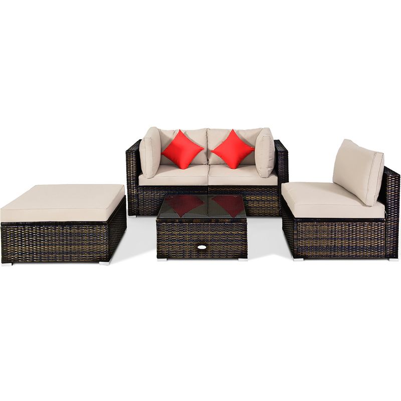 Costway 5PCS Outdoor Patio Rattan Furniture Set Sectional Conversation W/Beige Cushion, 2 of 10