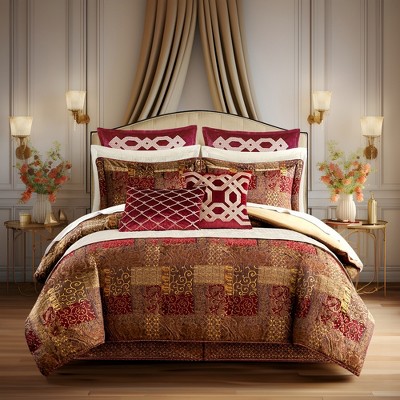 Queen Red Microfiber Patchwork Comforter Set with Shams and Bed Skirt