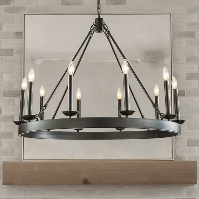 ALOADECOR Modern Farmhouse Black Candelabra Chandelier Round Rustic Industrial Candle Pendant Lighting For Living Room and Dining Room