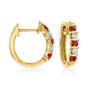 Ross-Simons 0.10 ct. t.w. Ruby and .10 ct. t.w. Diamond Huggie Hoop Earrings in 14kt Yellow Gold - 1 of 4