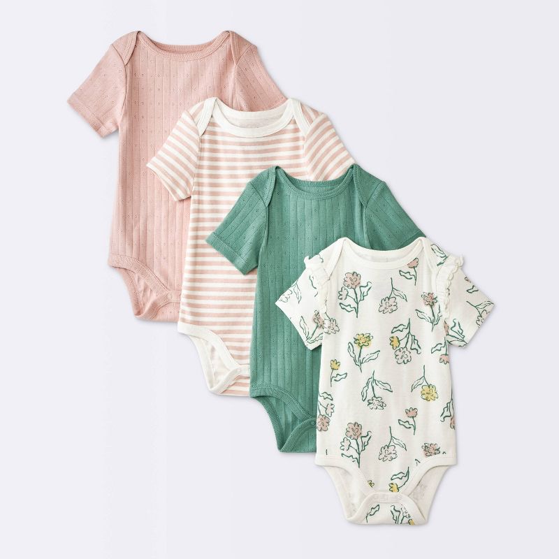 Baby Girls' 4pk Floral Short Sleeve Pointelle Bodysuit - Cloud Island™ Cream Newborn