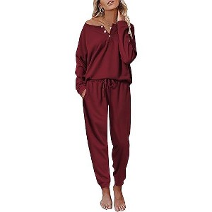 Ekouaer Pajamas Women's Waffle Knit Sleepwear Long Sleeve Top with Pants Casual Pjs Loungewear - 1 of 4