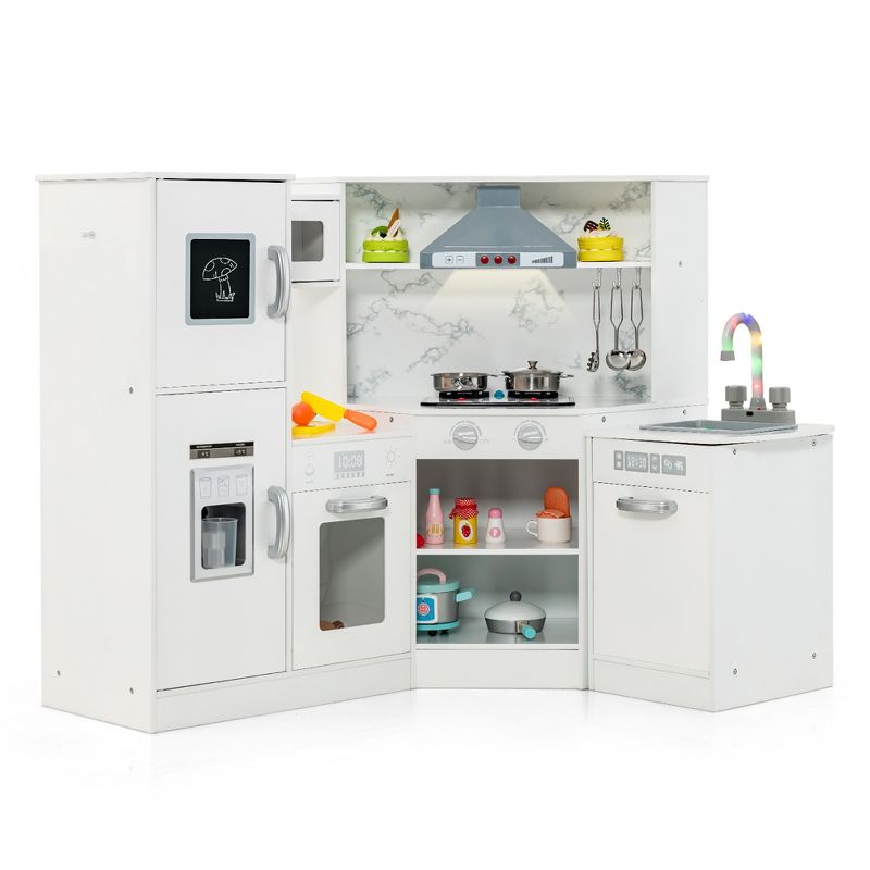 Costway Kids Corner Kitchen Playset Wooden Pretend Play Toy with Microwave White\Coffee, 1 of 11