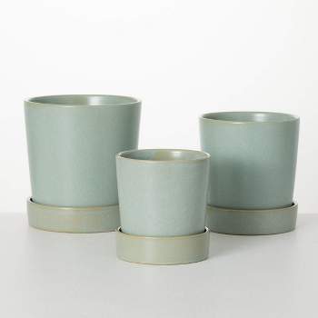 Sullivans 8", 7.25" & 6" Blue Planter With Saucer Set of 3, Ceramic