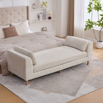 JUJABU 83.1" Modern Chenille Upholstered End of Bed Bench with Armrests and Bolster Pillows – Rubberwood Legs, Beige