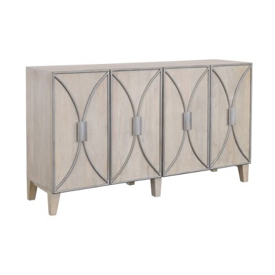 Treasure Trove Accents 4 Door Credenza Starlight Whitewash/Silver: Mango Wood, Pine Surface, Divided Storage Cabinet