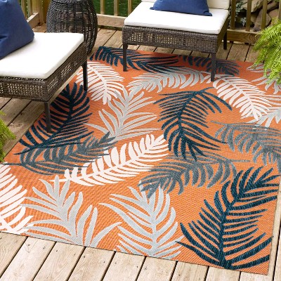 Montego Tropical Palm Orange Navy Ivory 3' x 5' Synthetic Area Rug
