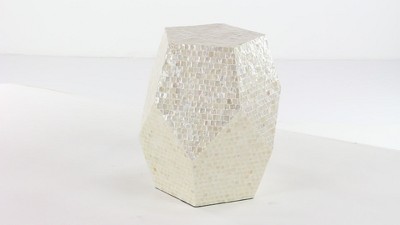 Elegant Cream Mosaic Shell & Wood Round Accent Table