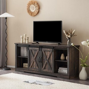 AMERLIFE 66" Farmhouse TV Stand for 75 Inches TVs, Entertainment Center with Sliding Barn Door, Dark Rustic Oak - 1 of 2