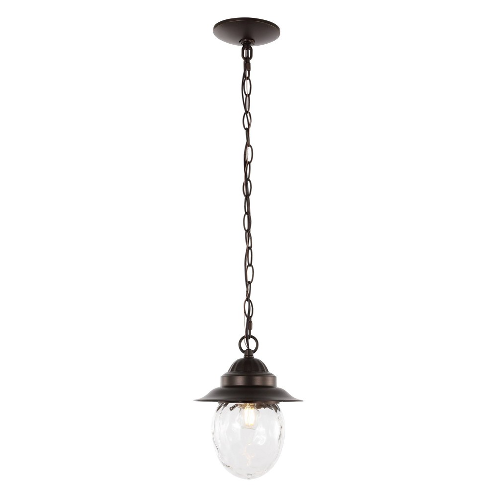 8.25" 1-Light Manteo Farmhouse Industrial Iron/Glass Outdoor LED Pendant Oil Rubbed Bronze/Clear - JONATHAN Y: Weather-Resistant Eco-Friendly LED