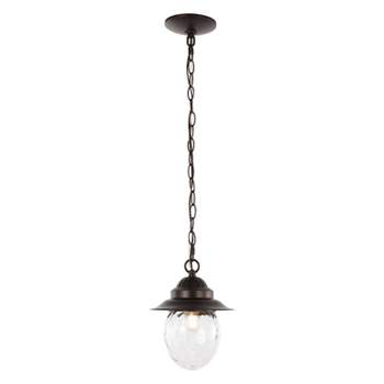 8.25" 1-Light Manteo Farmhouse Industrial Iron/Glass Outdoor LED Pendant Oil Rubbed Bronze/Clear - JONATHAN Y