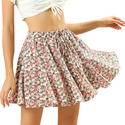 Allegra K Women's Summer Ruffle Mini Floral Printed Pleated Skirts